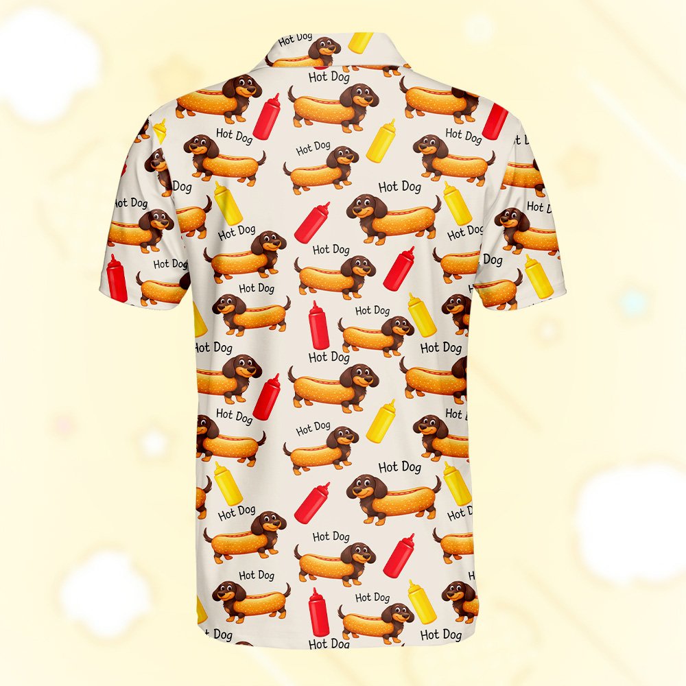 Beige hot polo shirt with dachshund hot dog pattern, alternate back view