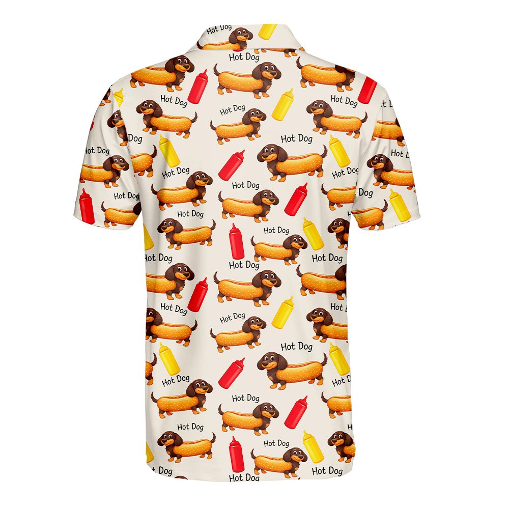 Beige hot polo shirt with dachshund hot dog pattern, back view