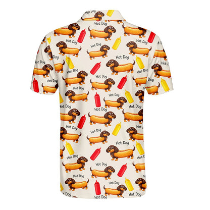 Beige hot polo shirt with dachshund hot dog pattern, back view