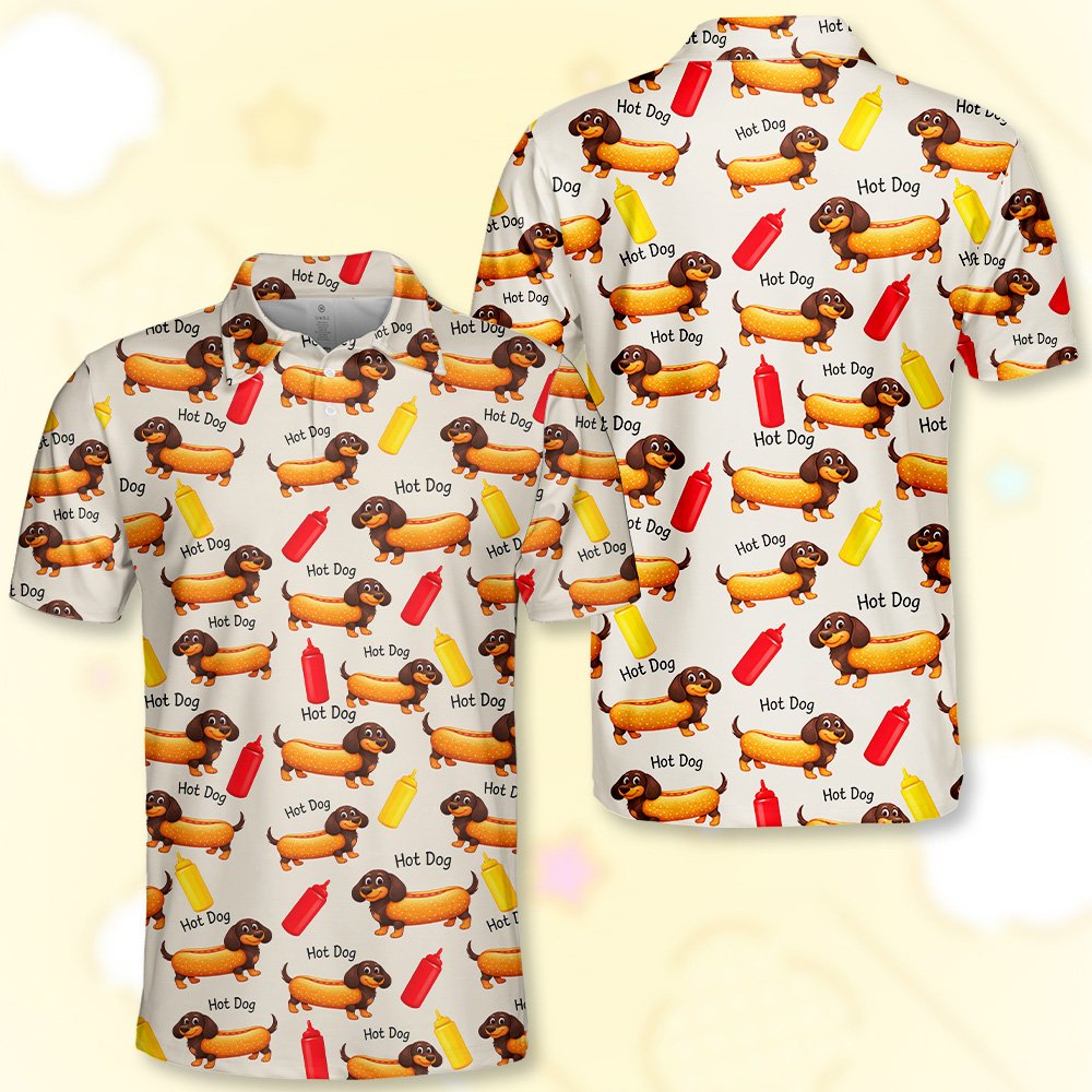 Beige hot polo shirt with dachshund hot dog pattern, alternate front view
