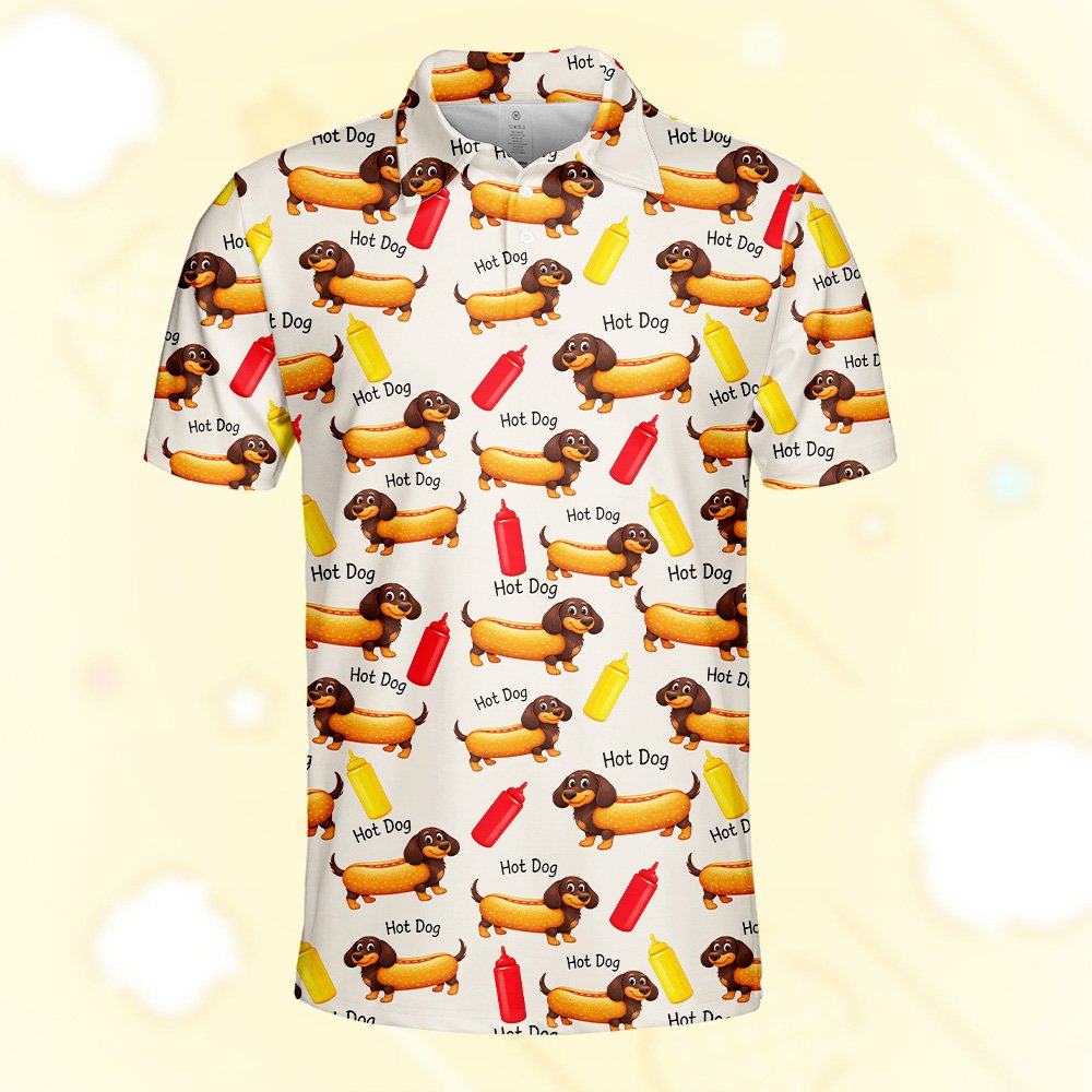 Beige hot polo shirt with dachshund hot dog pattern, close-up front view