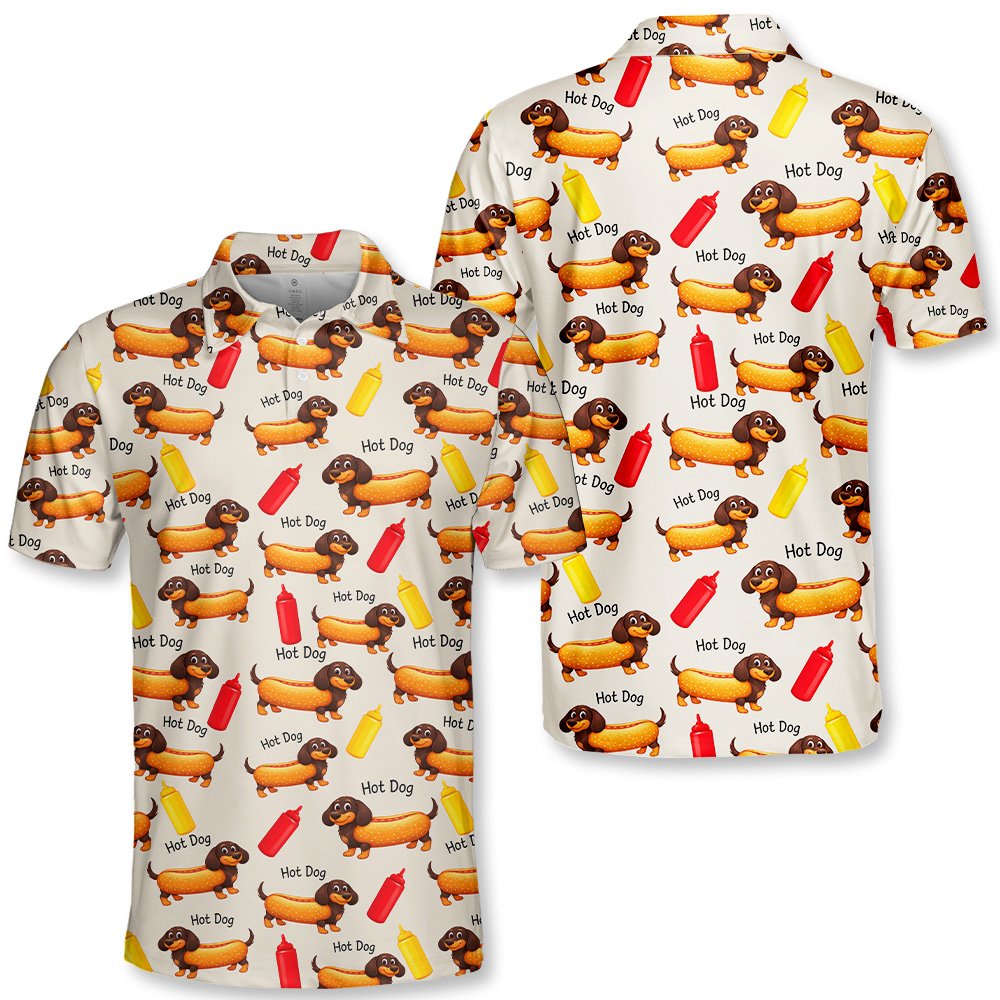 Beige hot polo shirt with dachshund hot dog pattern, front view