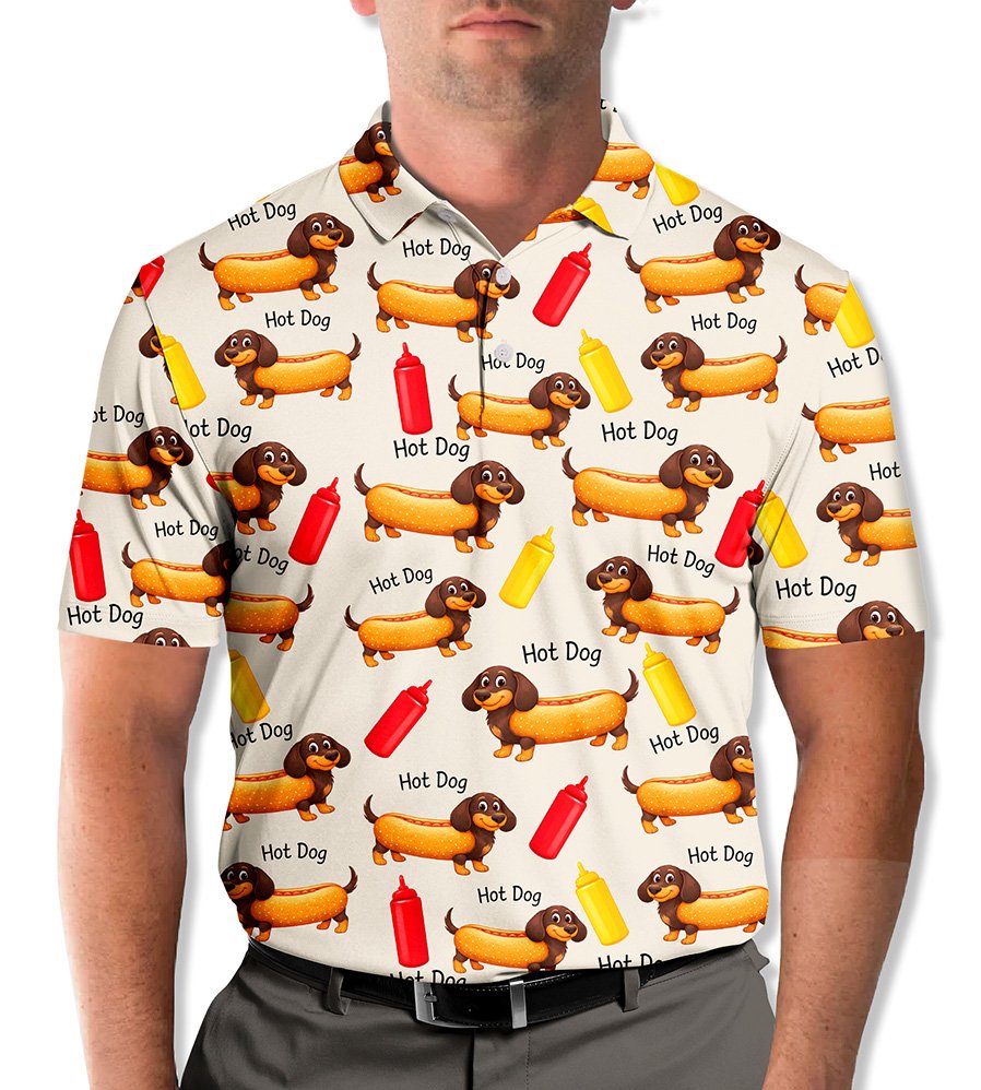 Lifestyle view of beige hot polo shirt with dachshund hot dog pattern