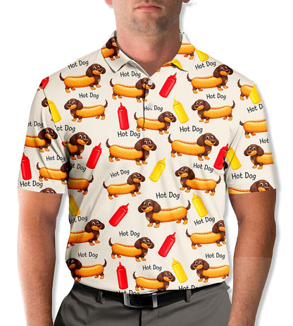 Lifestyle view of beige hot polo shirt with dachshund hot dog pattern