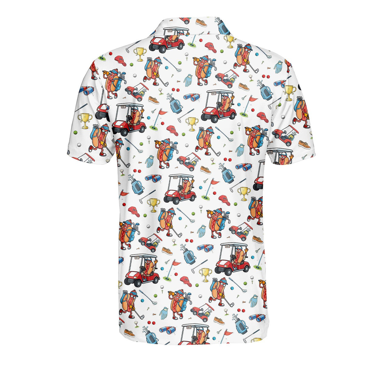 White hot polo shirt with golf print, back view alternate