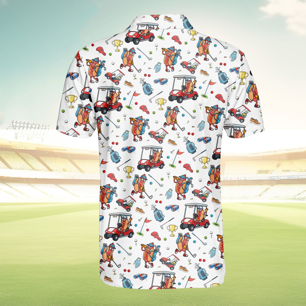 White hot polo shirt with golf print, back view