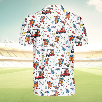 White hot polo shirt with golf print, back view