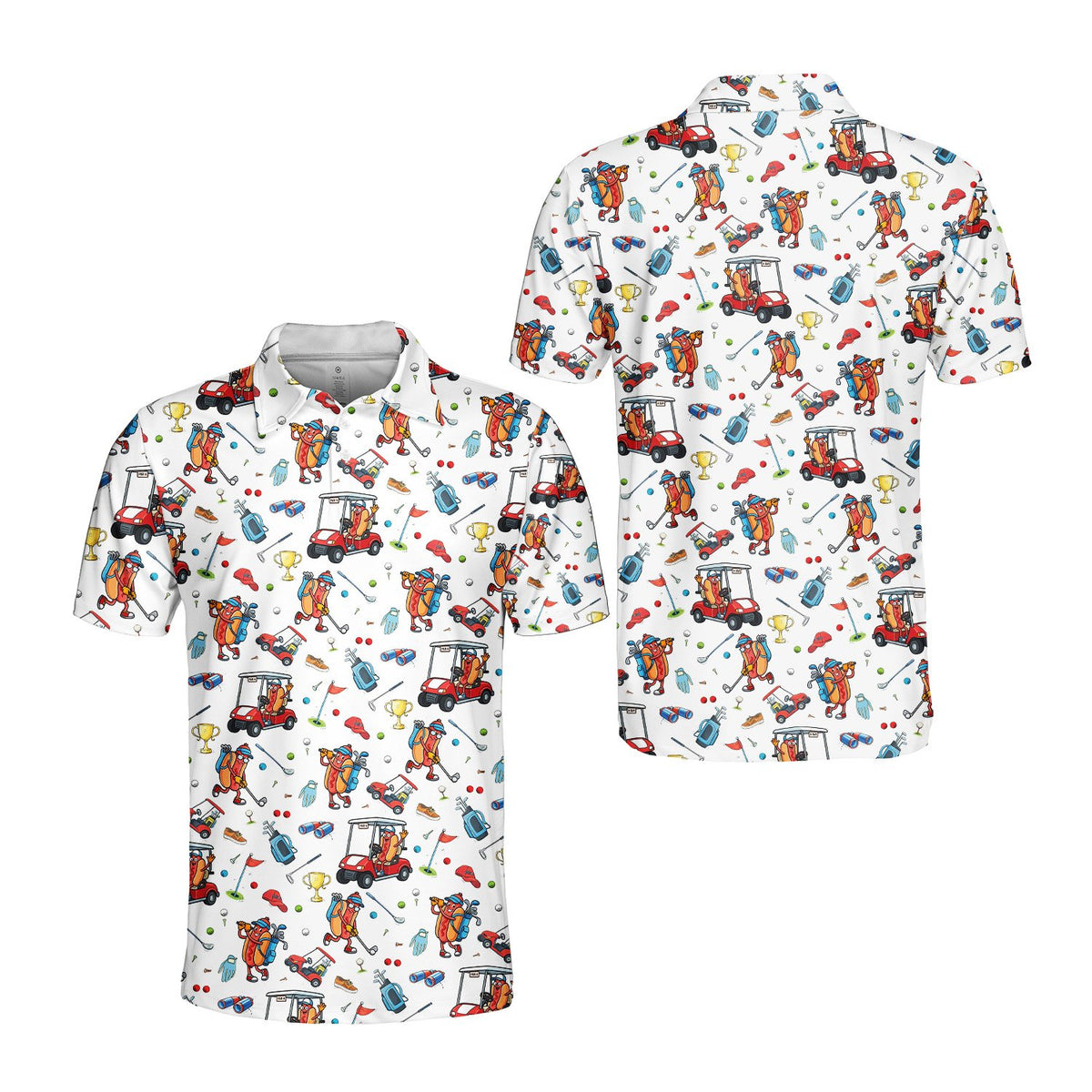White hot polo shirt with golf print, front view alternate