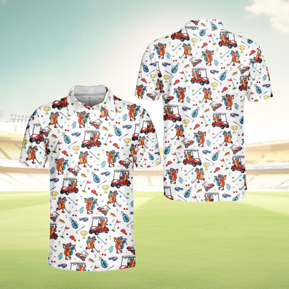 White hot polo shirt with golf print, front view detailed