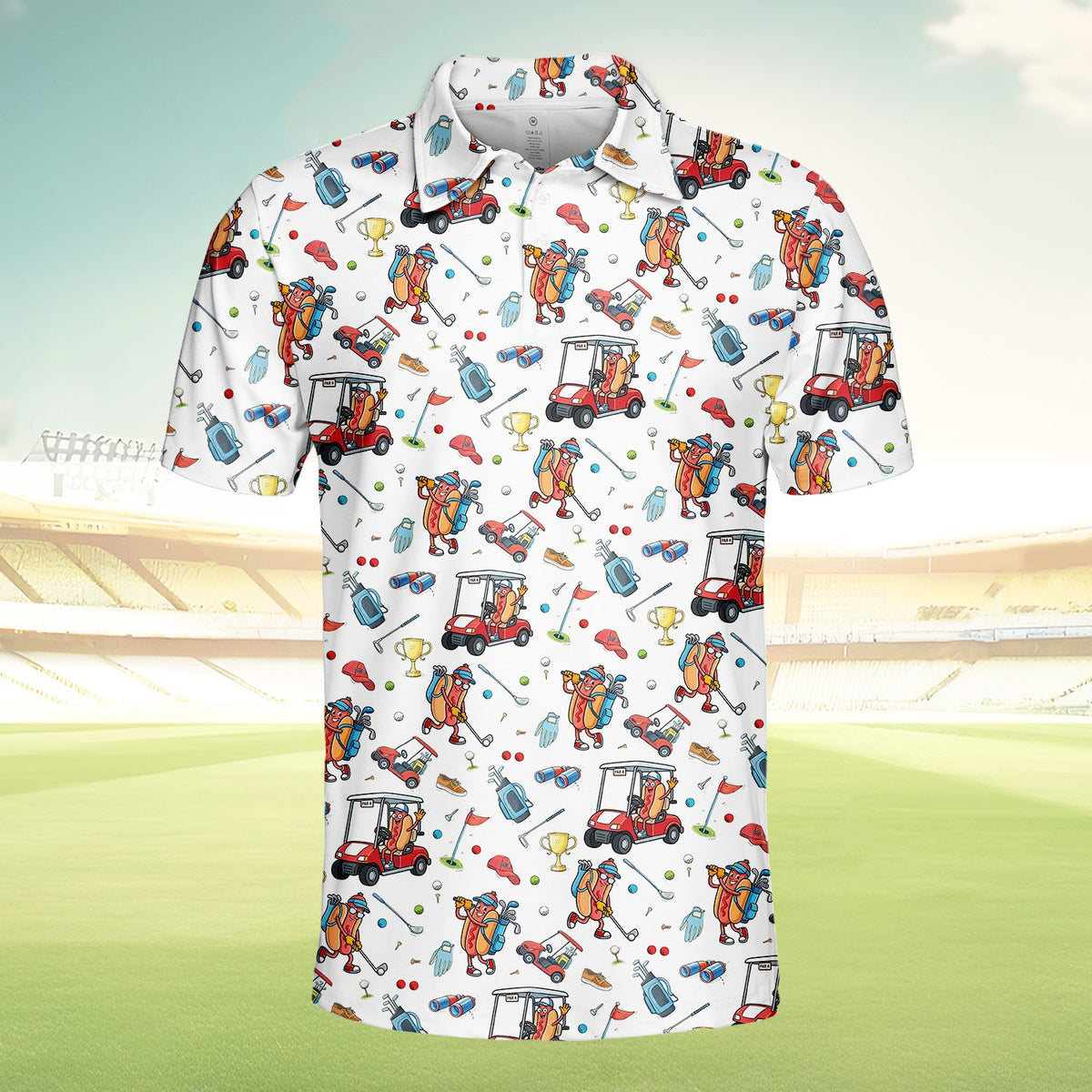 White hot polo shirt with golf print, front view