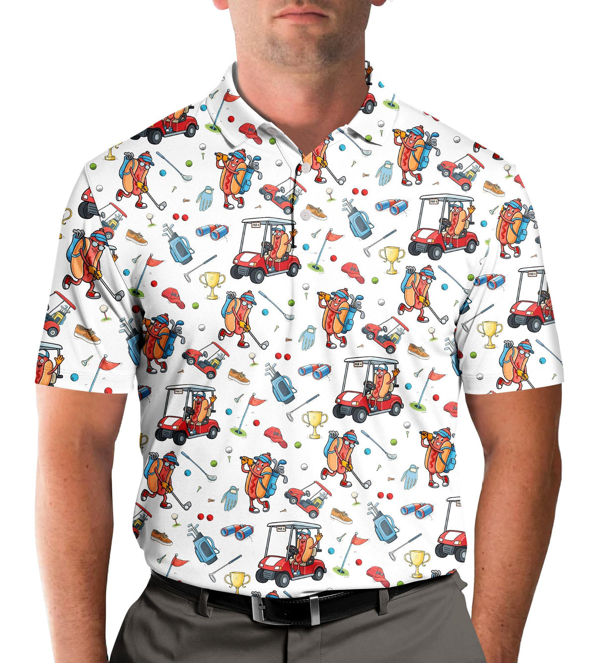 White hot polo shirt with golf print, lifestyle view