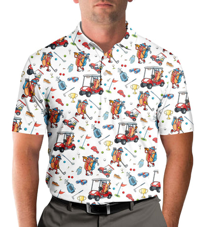 White hot polo shirt with golf print, lifestyle view