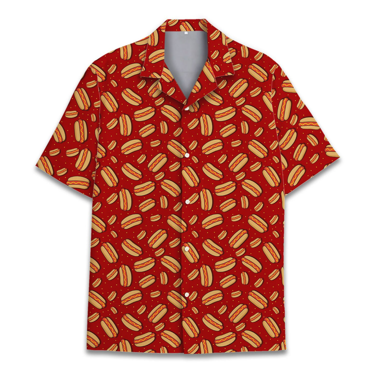 Red hot polo shirt featuring mustard-topped sausage pattern, main view