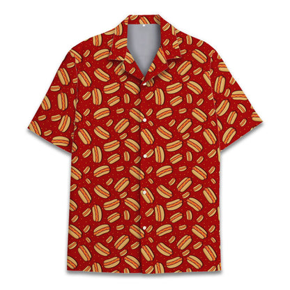 Red hot polo shirt featuring mustard-topped sausage pattern, main view