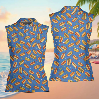 Front view of the blue hot polo shirt with hot dog design