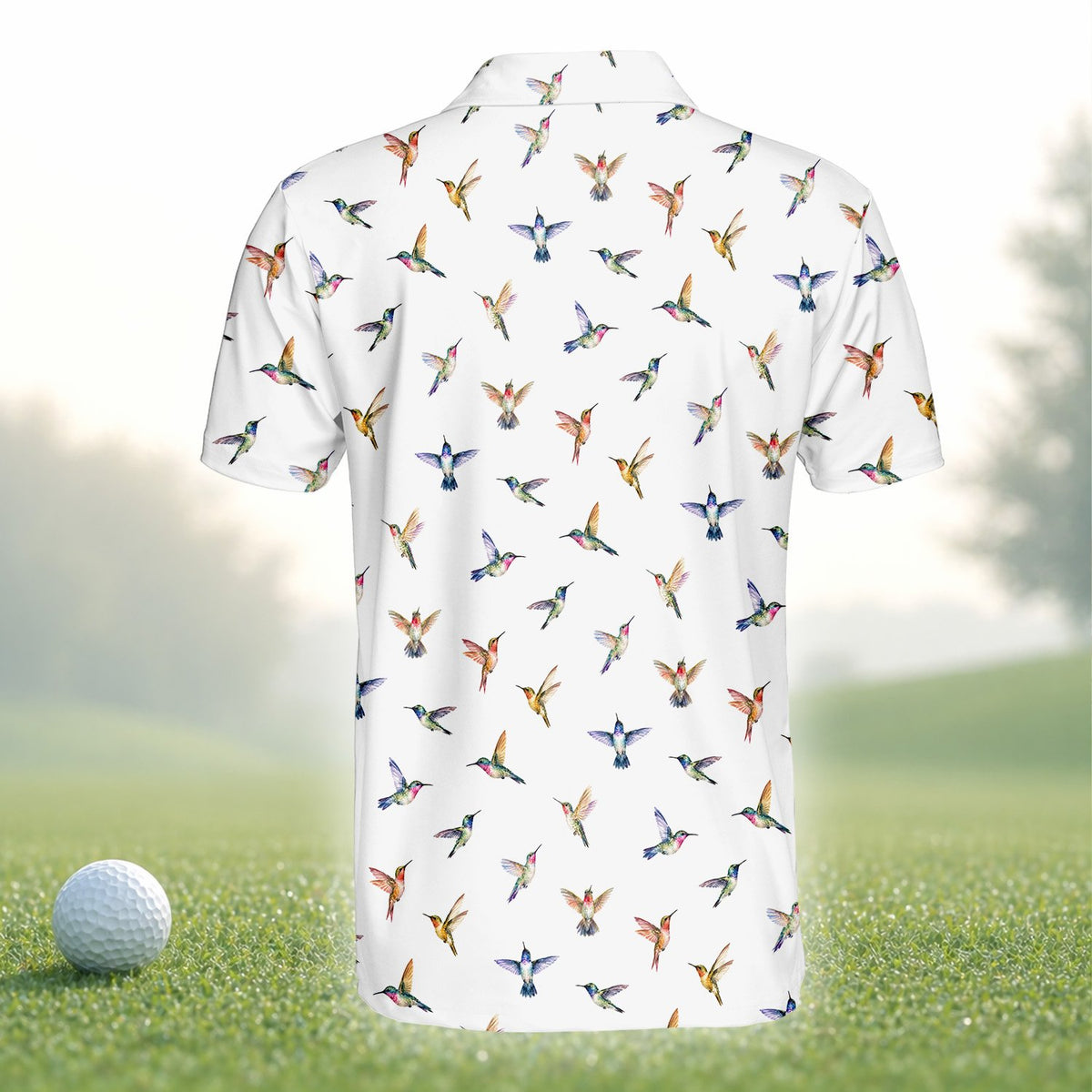 White hummingbird polo shirt, back alternate view 1