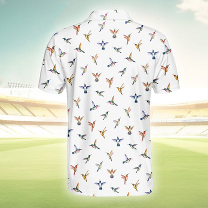 White hummingbird polo shirt, back view