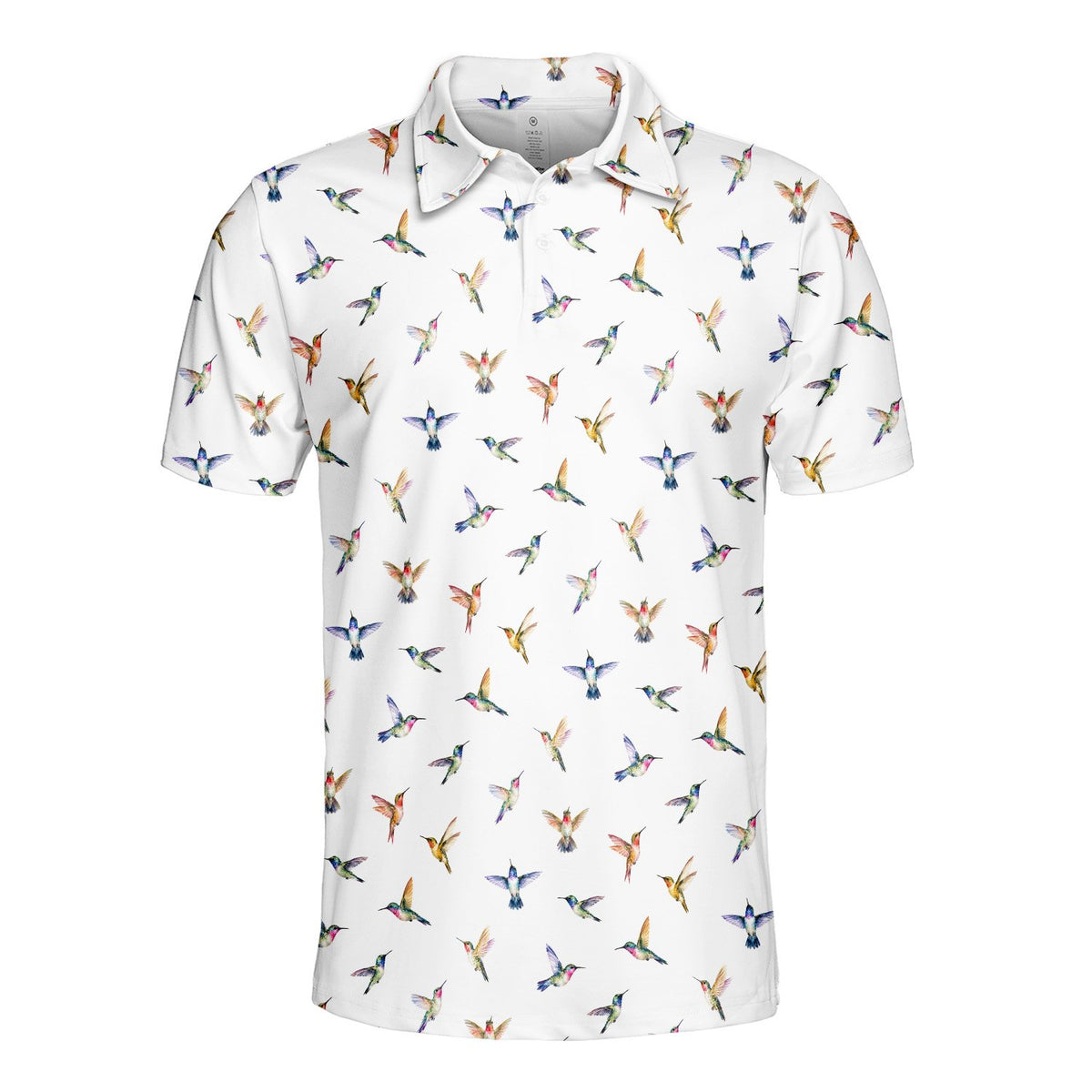 White hummingbird polo shirt, front alternate view 1