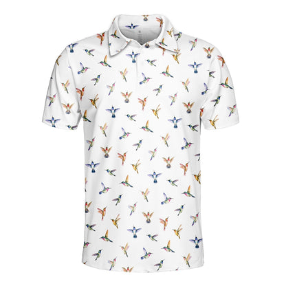 White hummingbird polo shirt, front alternate view 1