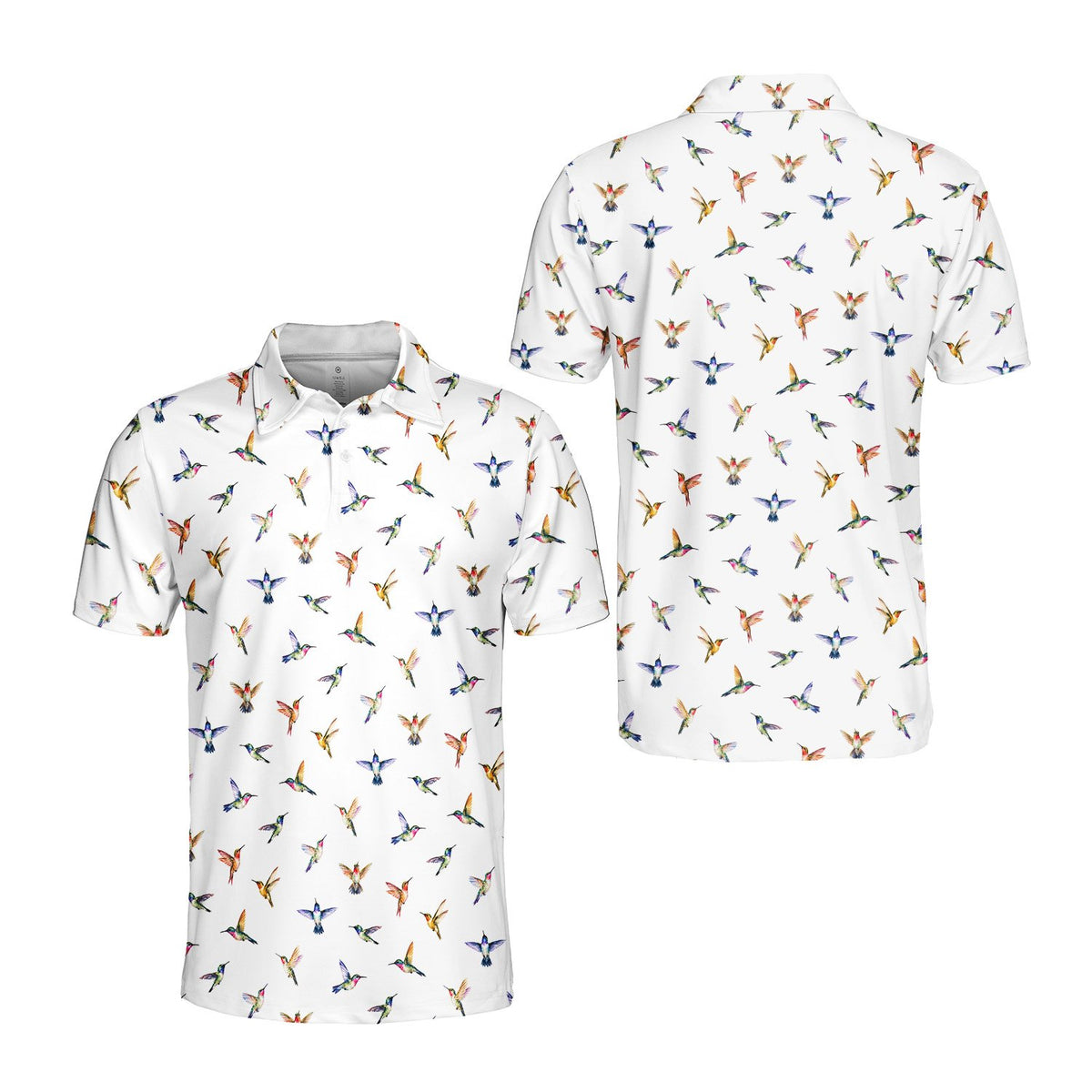 White hummingbird polo shirt, front alternate view 2