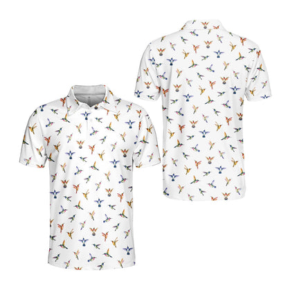 White hummingbird polo shirt, front alternate view 2