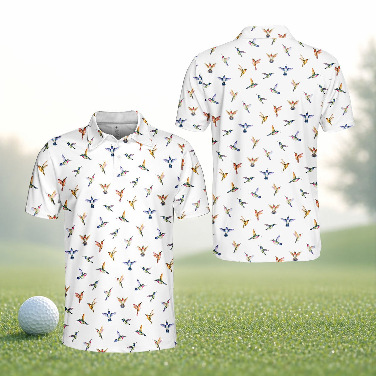 White hummingbird polo shirt, front alternate view 3