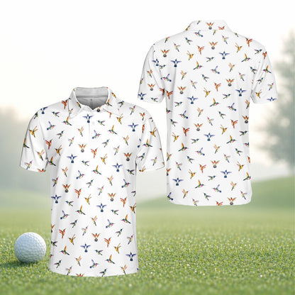 White hummingbird polo shirt, front alternate view 3