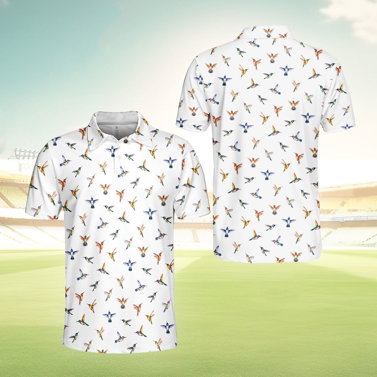 White hummingbird polo shirt, front alternate view 4