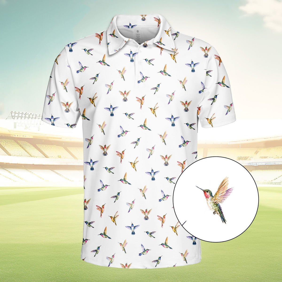 White hummingbird polo shirt featuring watercolor birds, main view
