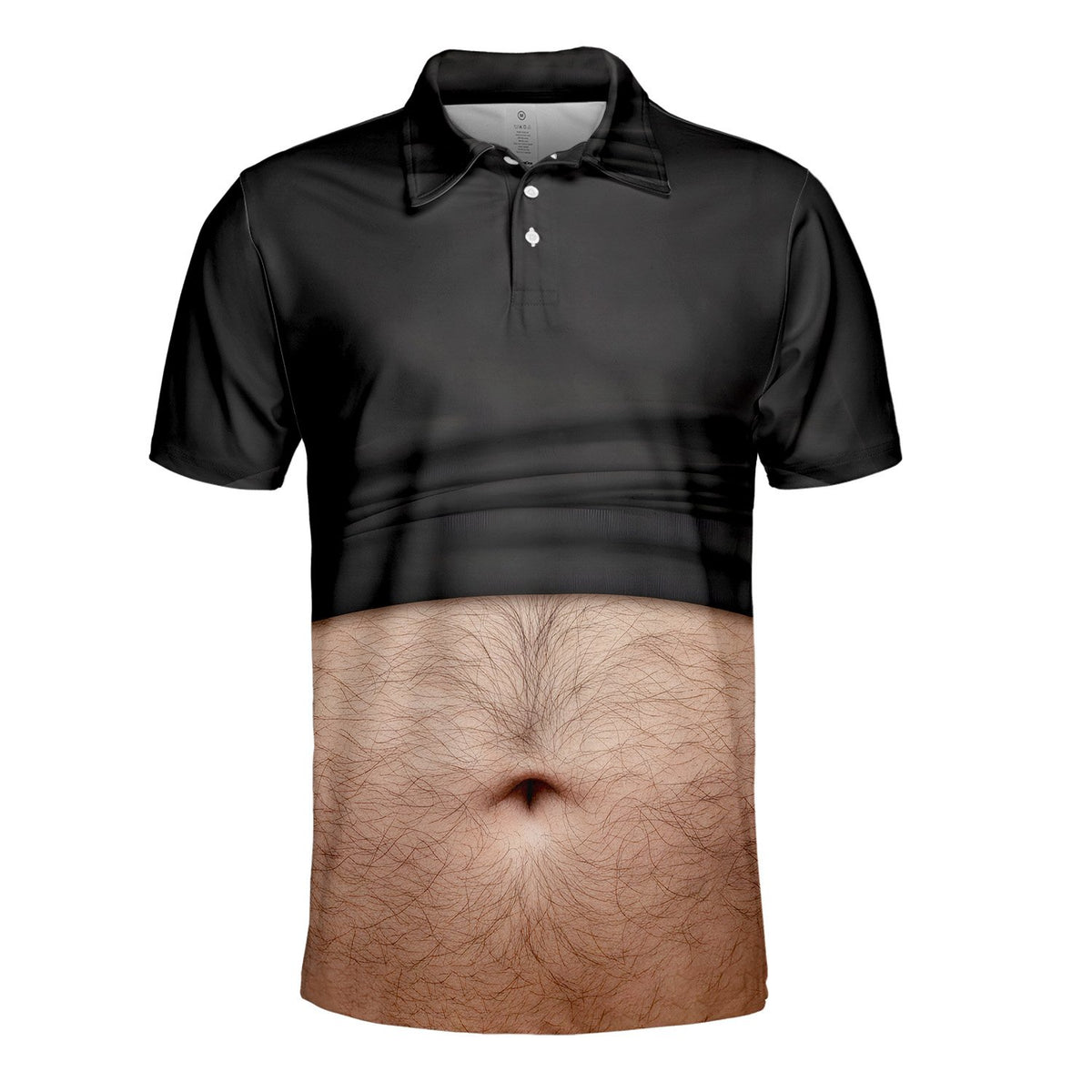 Front view of the humor polo shirt showing exposed belly print