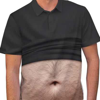 Photo polo shirt with hairy belly illusion, front view
