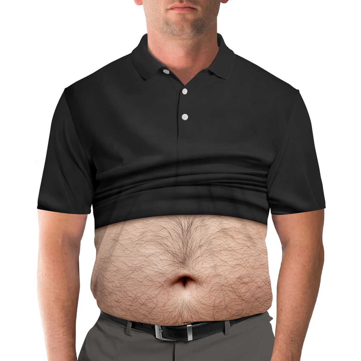 Lifestyle view of someone wearing the black humor polo shirt