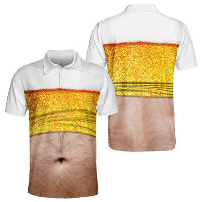 White humor polo shirt with hairy belly beer design, main view