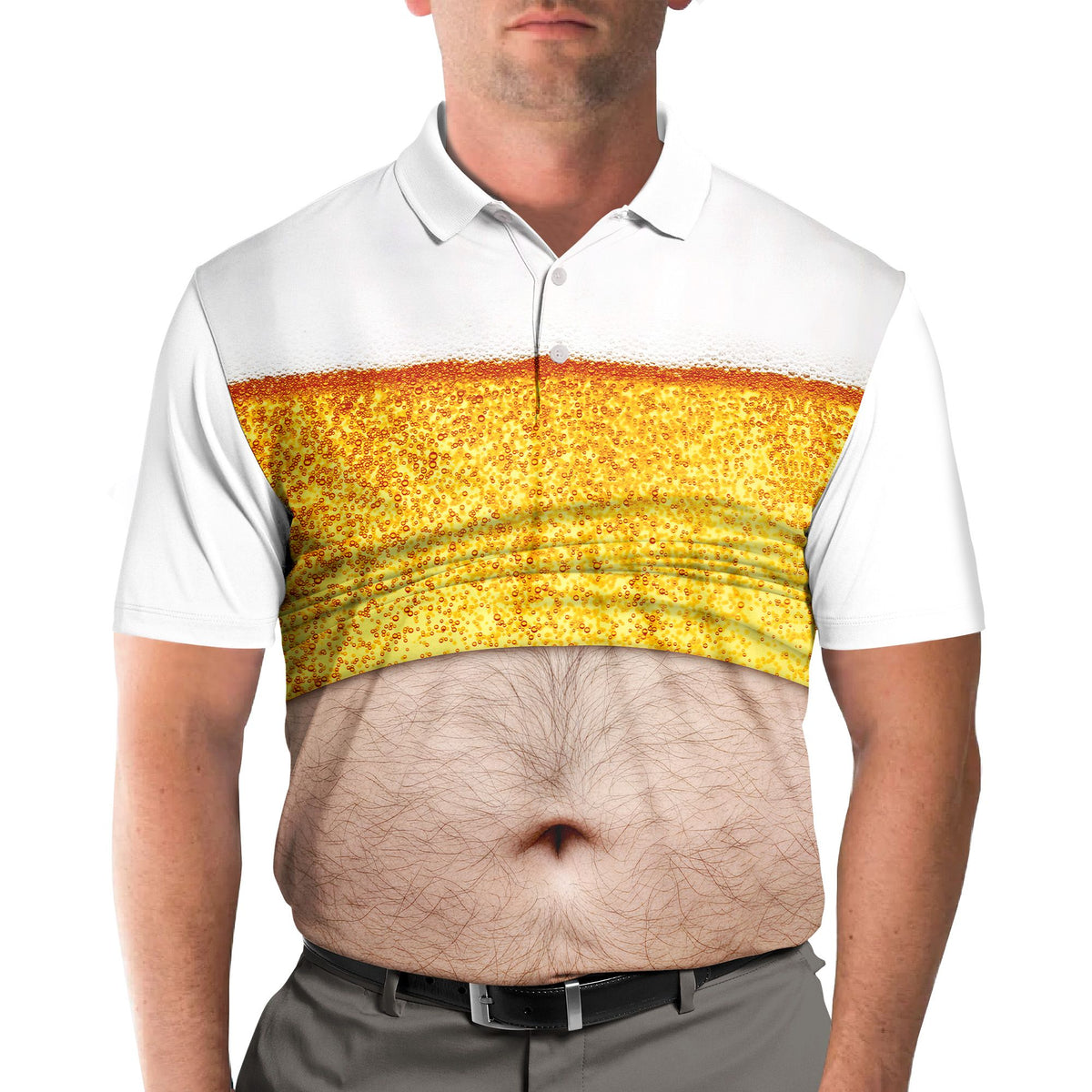 Lifestyle view of someone wearing the white humor polo shirt