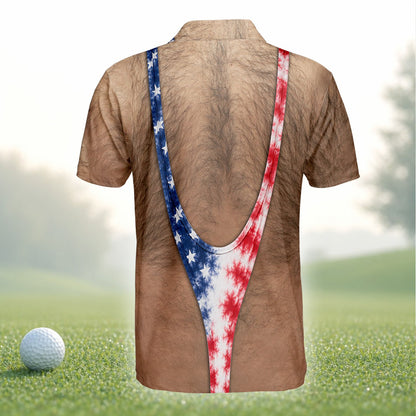 Detailed back view of the funny hairy torso polo shirt