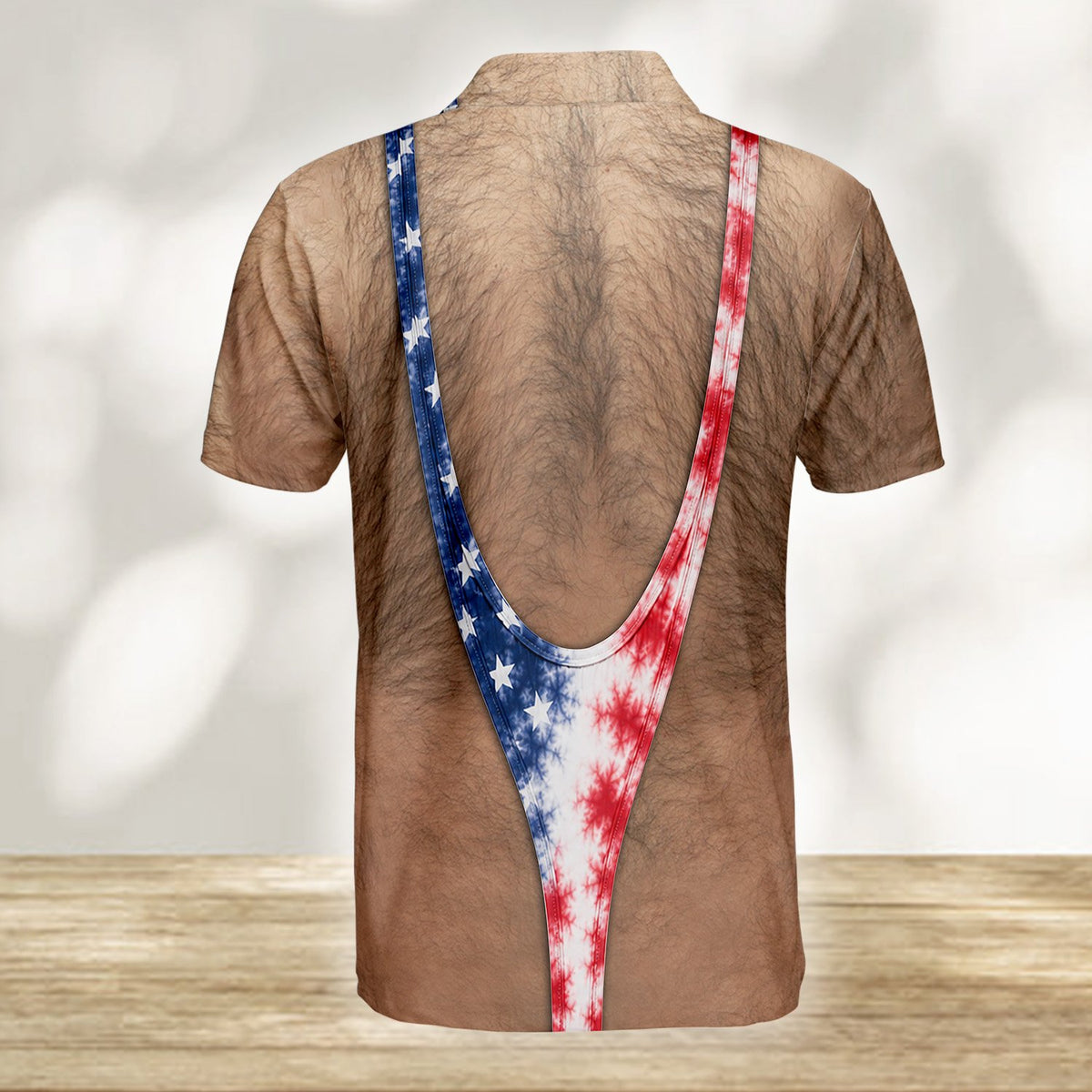 Back view of the humorous American polo shirt showing the hairy back print