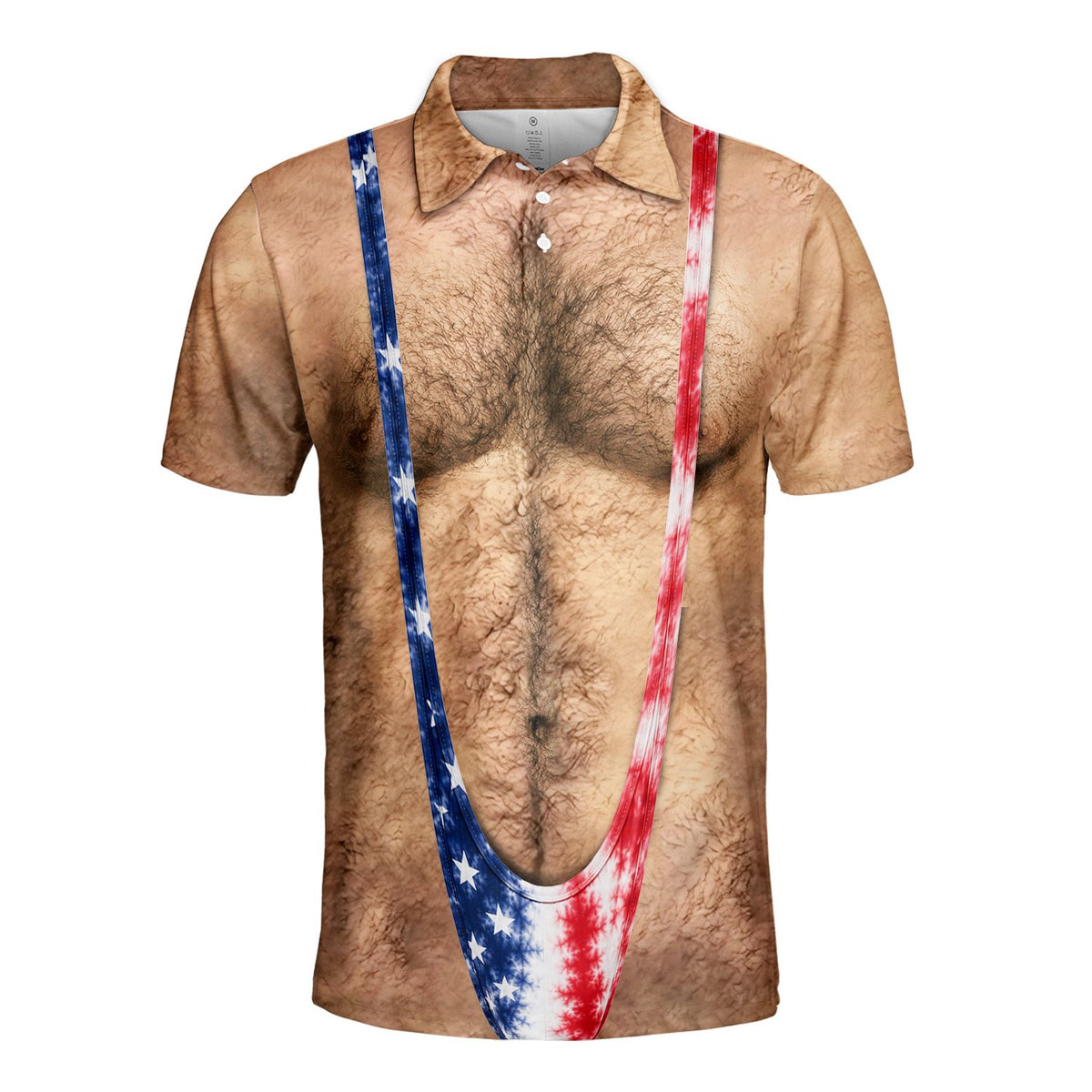 Detailed front view of the humorous American polo shirt showing the collar and print