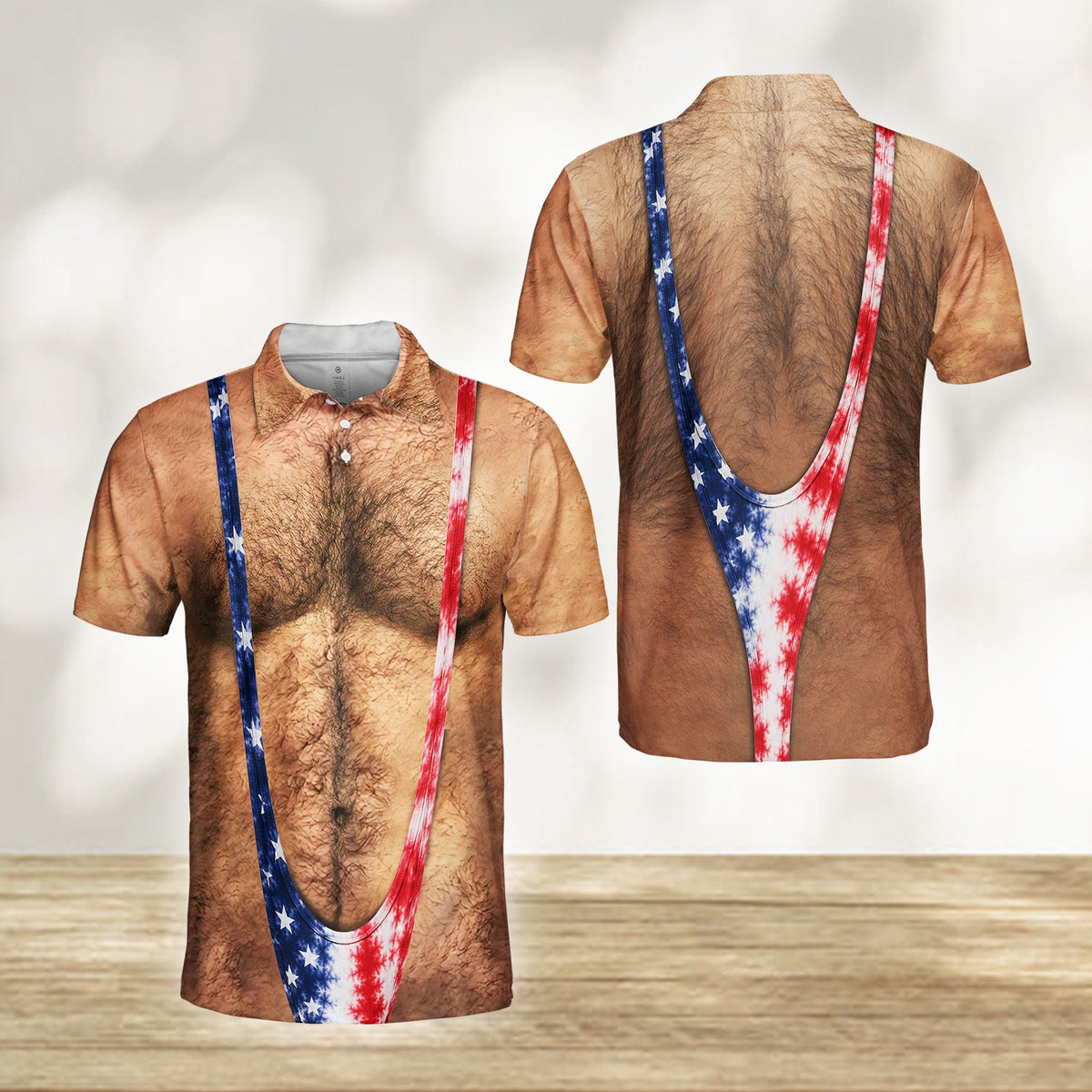 Another front angle of the funny hairy torso polo shirt