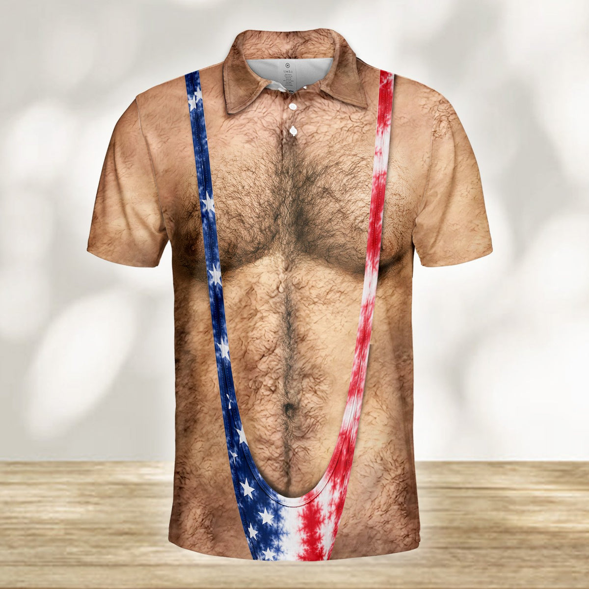 Close-up front view of the patriotic mankini print on the polo shirt