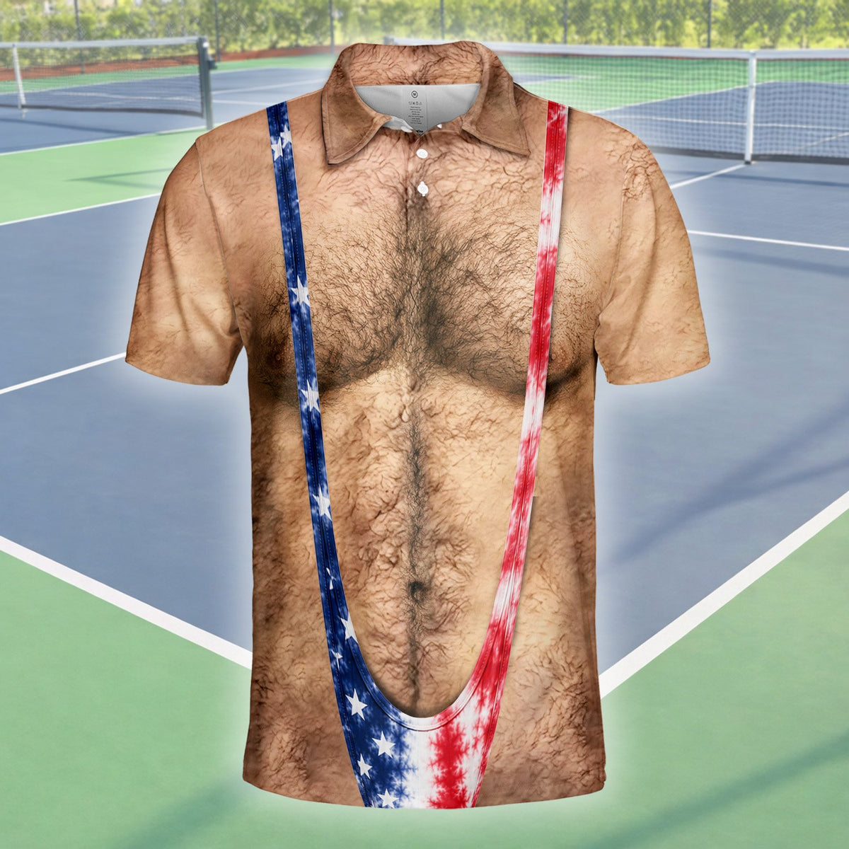Front styling view of the humorous beige and brown polo shirt