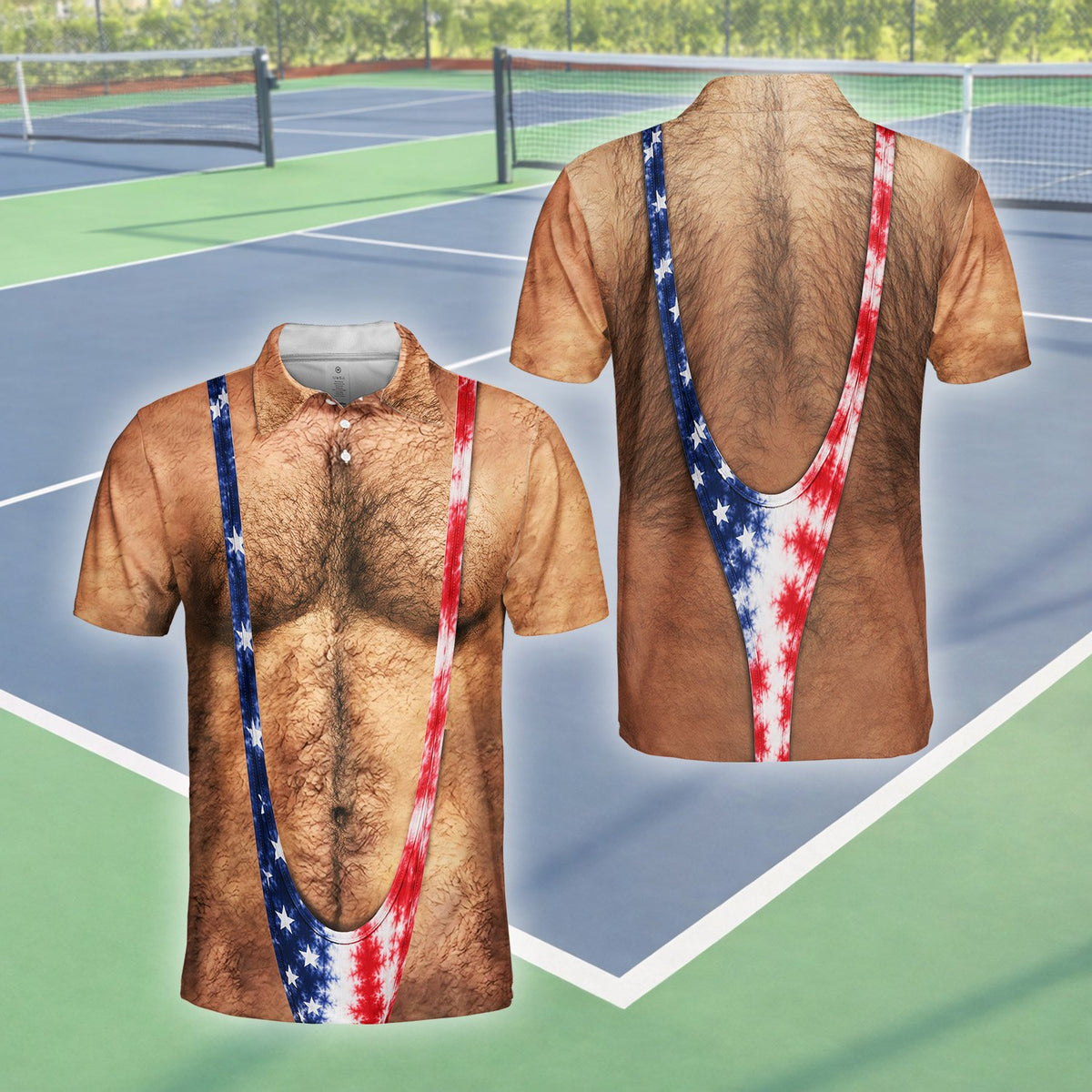 Main view of the humorous American polo shirt featuring a hairy chest and patriotic mankini print