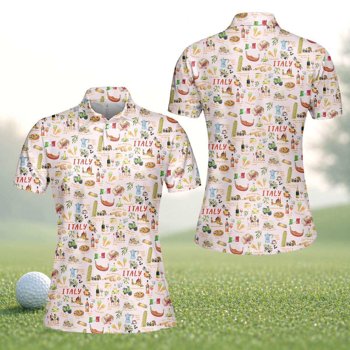 Front view of the pink polo shirt italy with all-over print