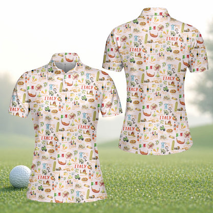 Front view of the pink polo shirt italy with all-over print