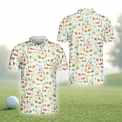 Front view of the white italy polo shirt with gelato and pasta graphics