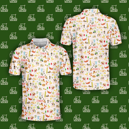 Front view of the white polo shirt italy with pizza and gondola graphics