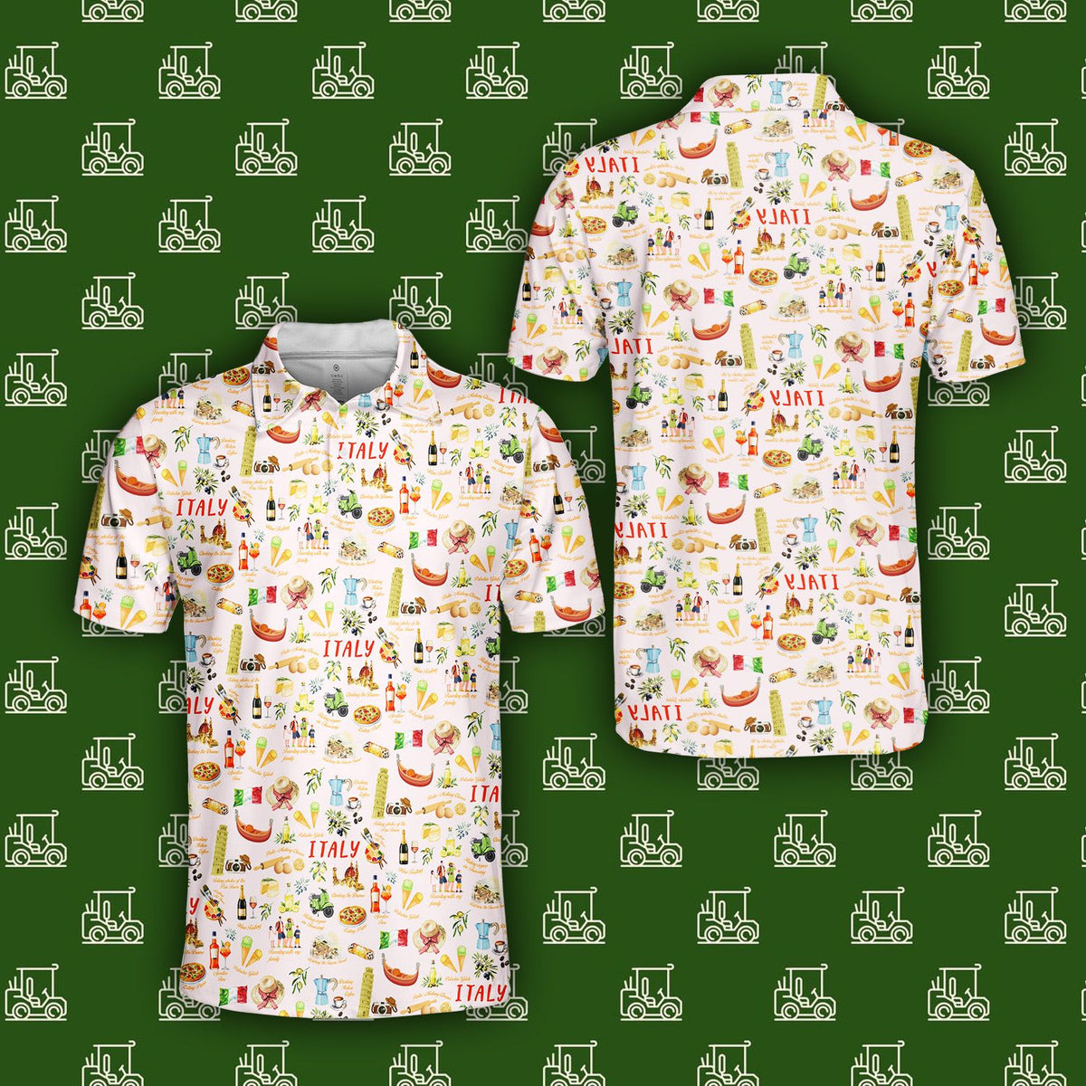 White polo t shirt italy featuring scattered Italian icons, main view