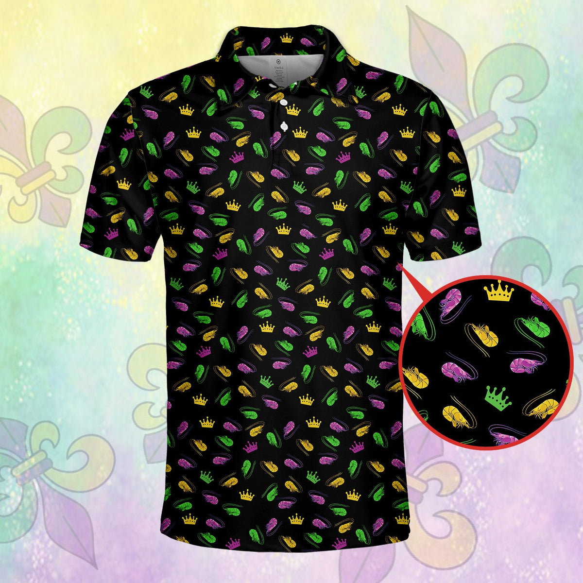Front view of the black mardi gras polo shirt showing colorful shrimp pattern