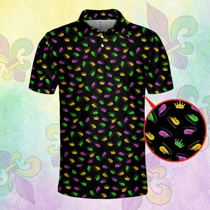 Black mardi gras polo shirt with shrimp and crowns pattern, main view