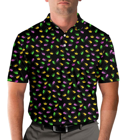 Third lifestyle view showcasing the mardi gras polo shirt outdoors