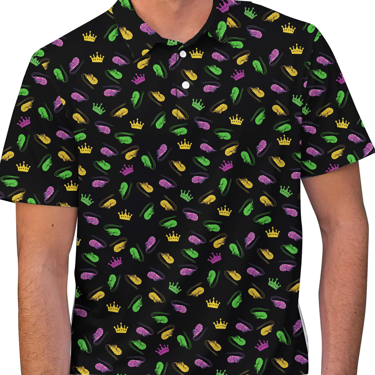 Lifestyle view of an adult wearing the mardi gras polo shirt